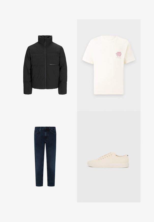 Črni pufast plašč z visokim ovratnikom, sprednjim zadrgo in prešitjem. Gladka tkanina z diskretnim logotipom na prsih.; Bela majica s kratkimi rokavi z rdečim napisom "Studio Originals Edition" na levi strani prsnega koša, prikazana na nevtralnem sivo backgroundu.; Temno modri denim kavbojki s ravnim krojem, z gumbom in zadrgo, pet žepov in rahlim bledenjem na sprednji strani.; Bež platneni športni copati z okroglo konico, ravnim gumijastim podplatom in vezalkami spredaj. Imajo minimalističen dizajn in kontrastni črn akcent na peti.