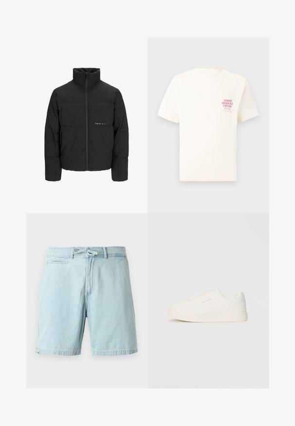 Juodas pūkinis švarkas su aukštu apykakle, priekiniais užtrauktukais ir kvadratinės siuvimo dizainu. Lygus audinys su subtiliu logotipu krūtinėje.; Balta trumpa rankovėmis marškinėliai su raudonu užrašu "Studio Originals Edition" kairiajame krūtinės šone, rodomi neutralioje pilkoje aplinkoje.; Svetlai mėlyni džinsiniai šortai su elastinga juosta ir raišteliu, turintys šonines kišenes ir laisvą siluetą. Lygi tekstūra, kasdienis dizainas.; Baltos slip-on sportbačiai su tekstūruota paviršiumi, storesniu padu ir minimalistišku dizainu. Šone matosi prekės ženklo logotipas.