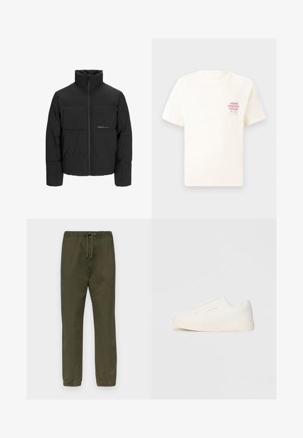 Zwarte pufferjas met een hoge kraag, ritssluiting aan de voorkant en een quilted design. Glad materiaal met een subtiel logo op de borst.; Witte T-shirt met korte mouwen met rode tekst "Studio Originals Edition" op de linker borst, weergegeven op een neutrale grijze achtergrond.; Olijfgroene katoenmix broek met een elastische tailleband, een trekkoordsluiting en taps toelopende benen met elastische manchetten. Gladde textuur, geen patronen.; Witte instap sneakers met een gestructureerd oppervlak, een dikke zool en een minimalistisch ontwerp. Bevat het merklogo aan de zijkant.