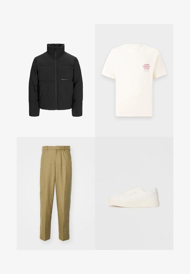 Musta puhvijakku, jossa on korkea kaulus, etuvetoketju ja tikattu muotoilu. Sileä kangas, jossa on hienovarainen logo rinnassa.; Valkoinen lyhythihainen t-paita, jossa on punainen teksti "Studio Originals Edition" vasemmalla rinnalla, esitetty neutraalilla harmaalla taustalla.; Kahvipituiset housut, jotka on valmistettu teksturoidusta kankaasta, suoranlahkeiset malli, vyölenkit ja etupleatit.; Valkoiset liukusukat, joissa on teksturoitu pinta, paksu pohja ja minimalistikot. Sivulla on brändin logo.