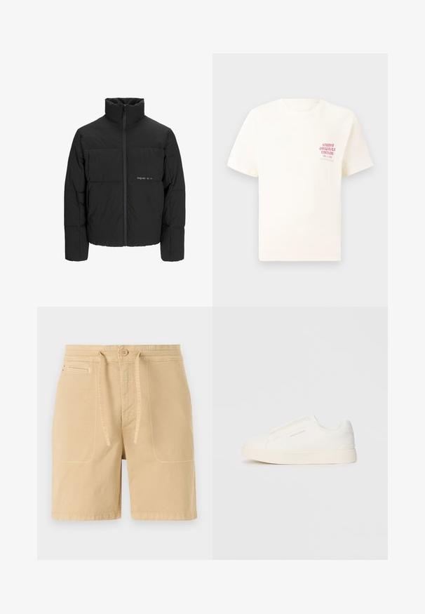 Black puffer jacket featuring a high collar, front zip closure, and quilted design. Smooth fabric with a subtle logo on the chest.; White short-sleeve T-shirt with red text "Studio Originals Edition" on left chest, displayed on a neutral gray background.; Beige shorts made of cotton, featuring a drawstring waist, front pockets, and visible stitching. Simple, casual design.; White slip-on sneakers with a textured surface, a thick sole, and minimalistic design. Features brand logo on the side.