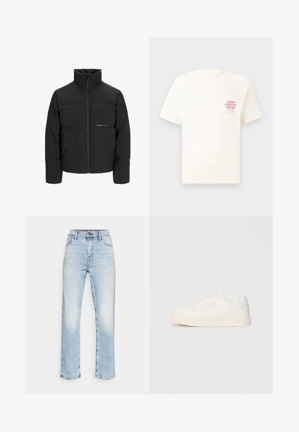 Mustra musta puffer-jakk, millel on kõrge krae, eesne tõmblukku ja tikandiga disain. Sile kangas, millel on rindkeres diskreetne logo.; Valge lühikeste varrukatega T-särk, millel on vasakul rinnal punane tekst "Studio Originals Edition", esitatud neutraalsel hallil taustal.; Heledad sinised denim teksad otse sääre disainiga, viie taskuga ja nööbiga sulgemine. Pleekinud viimistlus nähtavate õmbluste aktsentidega.; Valged libisemiskindlad tossud tekstuuriga pinnaga, paksu tallaga ja minimalistikus disainis. Küljel on brändi logo.