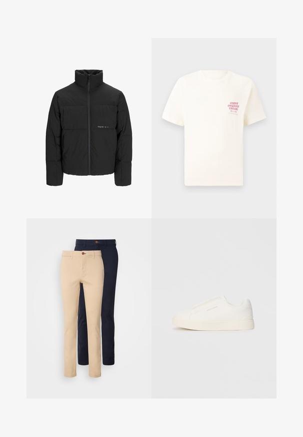 Musta puhvijakku, jossa on korkea kaulus, etuvetoketju ja tikattu muotoilu. Sileä kangas, jossa on hienovarainen logo rinnassa.; Valkoinen lyhythihainen t-paita, jossa on punainen teksti "Studio Originals Edition" vasemmalla rinnalla, esitetty neutraalilla harmaalla taustalla.; Chino-housut vaaleanbeigeinä ja laivastonsinisinä, joissa on kapea malli, sileä puuvillakangas, etutaskut ja nappisulkiminen.; Valkoiset liukusukat, joissa on teksturoitu pinta, paksu pohja ja minimalistikot. Sivulla on brändin logo.