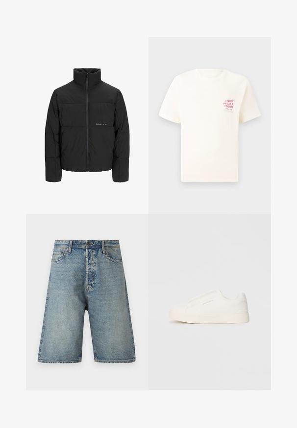 Black puffer jacket featuring a high collar, front zip closure, and quilted design. Smooth fabric with a subtle logo on the chest.; White short-sleeve T-shirt with red text "Studio Originals Edition" on left chest, displayed on a neutral gray background.; Denim shorts featuring a light blue wash, five-pocket design, and straight cut. Durable fabric with visible stitching and a button closure.; White slip-on sneakers with a textured surface, a thick sole, and minimalistic design. Features brand logo on the side.