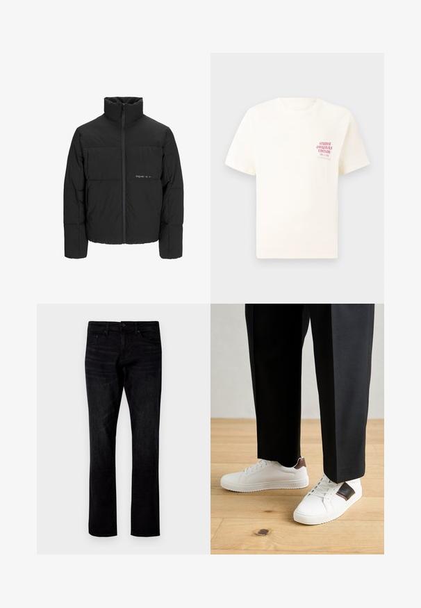 Giubbotto bomber nero con colletto alto, chiusura frontale con zip e design trapuntato. Tessuto liscio con un logo discreto sul petto.; T-shirt bianco a maniche corte con testo rosso "Studio Originals Edition" sul lato sinistro del petto, esposto su uno sfondo grigio neutro.; Jeans in denim nero con taglio dritto, caratterizzati da un classico design a cinque tasche e una leggera texture lavata.; Sneakers bianchi dalla texture liscia, con dettagli in pelle marrone e particolari neri, abbinati a pantaloni neri su misura. Sfondo in parquet.