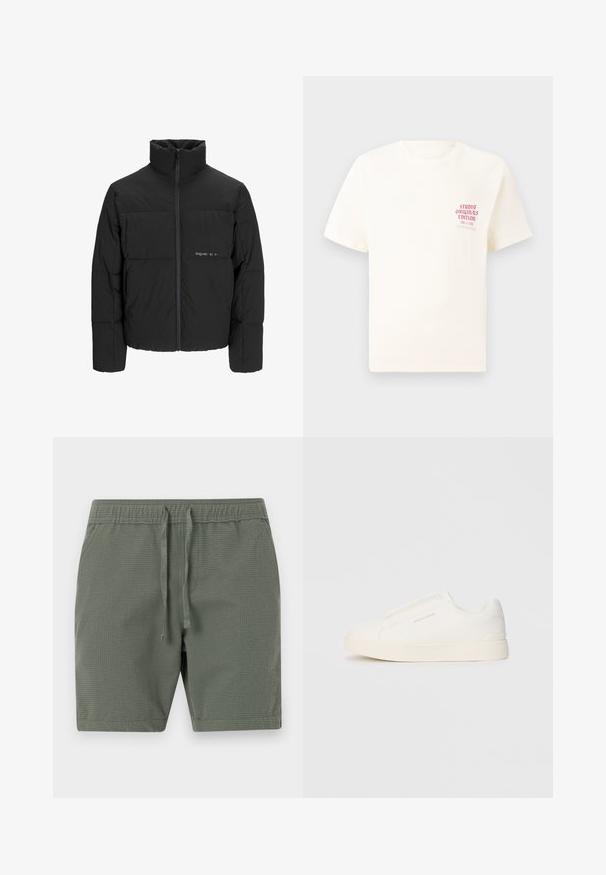 Czarna kurtka puchowa z wysokim kołnierzem, z przodu na zamek błyskawiczny i pikowanym wzorem. Gładki materiał z subtelnym logo na piersi.; Biała koszulka z krótkim rękawem z czerwonym napisem "Studio Originals Edition" po lewej stronie klatki piersiowej, wyeksponowana na neutralnym szarym tle.; Krótkie spodenki w oliwkowym kolorze, wykonane z teksturowanej tkaniny, z elastycznym pasem z regulowanymi sznureczkami i luźnym krojem.; Białe sneakersy wsuwane z teksturowanej powierzchni, grubą podeszwą i minimalistycznym designem. Zawierają logo marki z boku.