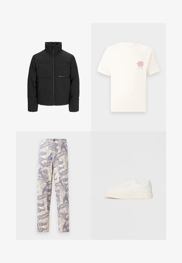 Black puffer jacket featuring a high collar, front zip closure, and quilted design. Smooth fabric with a subtle logo on the chest.; White short-sleeve T-shirt with red text "Studio Originals Edition" on left chest, displayed on a neutral gray background.; Lightweight, cream trousers featuring a blue abstract wave pattern. They have a straight fit, with two front pleats and a button closure.; White slip-on sneakers with a textured surface, a thick sole, and minimalistic design. Features brand logo on the side.