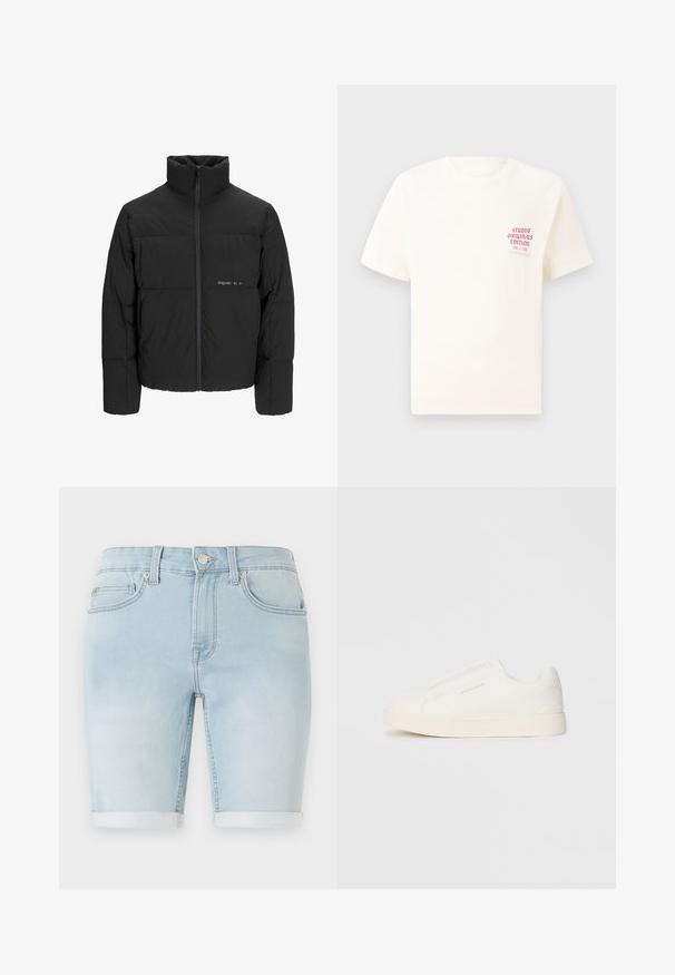 Black puffer jacket featuring a high collar, front zip closure, and quilted design. Smooth fabric with a subtle logo on the chest.; White short-sleeve T-shirt with red text "Studio Originals Edition" on left chest, displayed on a neutral gray background.; Light blue denim shorts with a rolled hem, classic five-pocket design, and front button closure. Smooth texture with slight fading.; White slip-on sneakers with a textured surface, a thick sole, and minimalistic design. Features brand logo on the side.