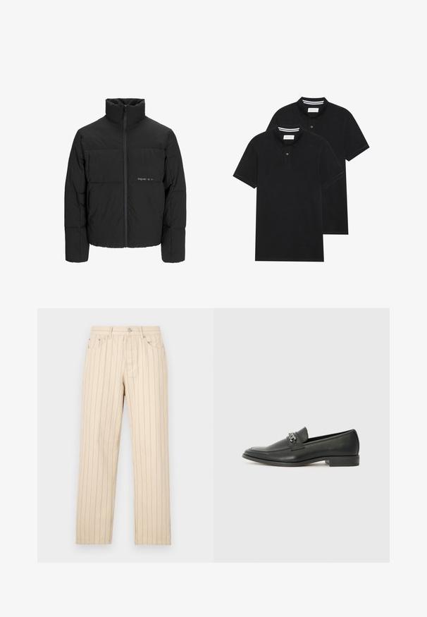 Juodas pūkinis švarkas su aukštu apykakle, priekiniais užtrauktukais ir kvadratinės siuvimo dizainu. Lygus audinys su subtiliu logotipu krūtinėje.; Du žaidimų juodos polo marškiniai, trumpomis rankovėmis, pagaminti iš medvilnės, su klasikinėmis apykaklėmis, dviem mygtukais priekyje ir baltais dryžiais apykaklės viduje.; Beige tiesiai kirpti kelnes su vertikaliomis žymėmis, su mygtuko uždarymu, diržo kilputėmis ir šoninėmis kišenėmis. Medžiaga turi lygų paviršių.; Juodos odinės loafer tipo bateliai su lygiu paviršiumi, turintys siuvinėtą dizainą ir dekoratyvų metalo grandinėlės akcentą ant batų viršaus. Plokščias kulnas.