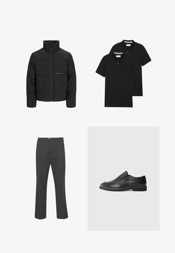Zwarte pufferjas met een hoge kraag, ritssluiting aan de voorkant en een quilted design. Glad materiaal met een subtiel logo op de borst.; Twee zwarte polo shirts, met korte mouwen, van katoen, met een klassieke kraag, een knoopsluiting met twee knopen en witte gestreepte accenten aan de binnenkant van de kraag.; Zwarte broek met een rechte pijp ontwerp, vervaardigd uit geweven stof. Voorzien van een knoopsluiting aan de voorkant en standaard riemlussen.; Zwarte leren instapper met een soepele bovenkant, gestikte accenten, ronde neus en een lage rubberen hak. De zool heeft minimale profiel.