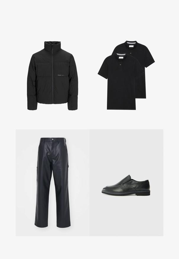 Melnā pūka jaka ar augstu apkakli, priekšējo rāvējslēdzēju un quilted dizainu. Gluda auduma virsma ar maigu logotipu uz krūšu daļas.; Divas melnas polo krekli, īsām piedurknēm, no kokvilnas materiāla, ar klasisku apkakli, divu pogu aizdari un balti svītroti akcenti apkakles iekšpusē.; Melnas ādas bikses ar gludu tekstūru, plaša piegriezuma un sānu kabatām. Ar pogu aizdari un jostas cilpiņām.; Melnas ādas slip-on kurpes ar gludu augšdaļu, izšūtām akcentiem, noapaļotu purngala daļu un zemu gumijas papēdi. Zole ar minimālu rakstu.