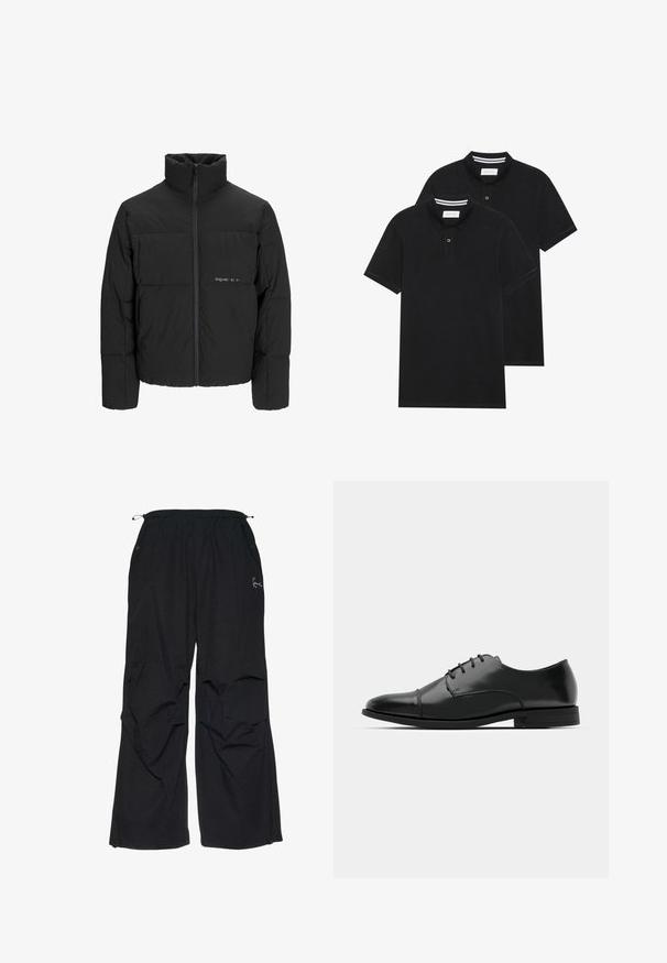Mustra musta puffer-jakk, millel on kõrge krae, eesne tõmblukku ja tikandiga disain. Sile kangas, millel on rindkeres diskreetne logo.; Kaks musta polo särki, lühikeste varrukatega, puuvillane materjal, klassikalise kraega, kahe nupuga kinnitusega, valgete triipudega krae sisepinnal.; Mustad, lahtise lõikega püksid elastse vöökoha, kahe küljetasku ja ees peene tikandiga logoga. Kerge kangas.; Must must esine tugeva varbaga, luku kinnitusega, peente õmblustete detailidega ja madala kontsaga. Sile tekstuur ja poleeritud viimistlus.