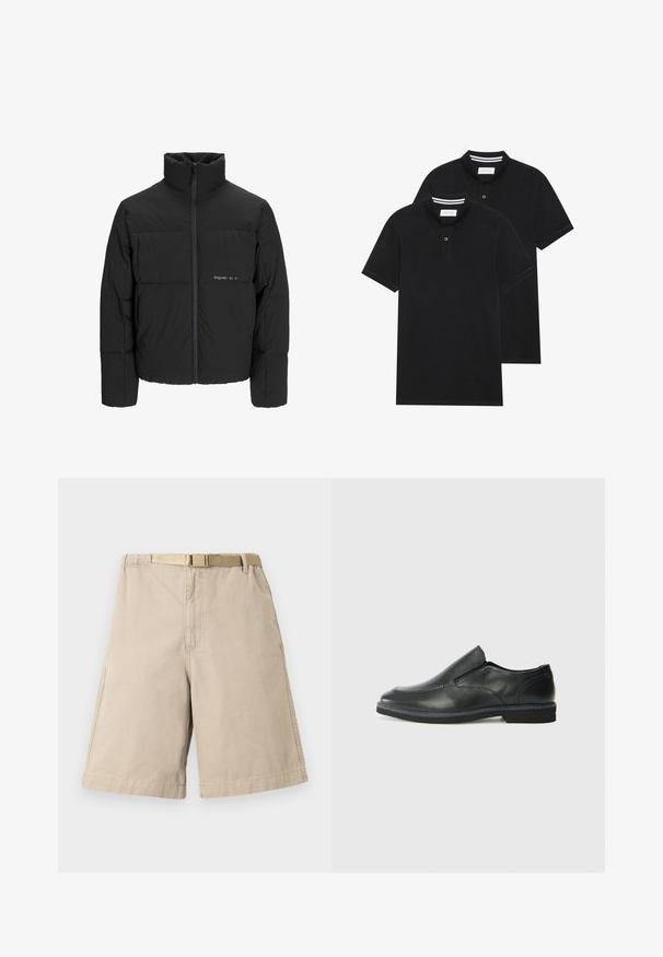 Černá péřová bunda s vysokým límcem, předním zipem a prošívaným designem. Hladká tkanina se subtilním logem na hrudi.; Dvě černé polokošile s krátkým rukávem z bavlny, s klasickým límcem, dvouknoflíkovou légou a bílými pruhovanými akcenty uvnitř límce.; Béžové bavlněné šortky s páskem, s rovný střih, bočními kapsami a zesíleným švem. Hladká textura po celém povrchu.; Černá kožená nazouvací bota s hladkým svrškem, prošívanými detaily, zaoblenou špičkou a nízkým gumovým podpatkem. Podešev má minimální vzorek.