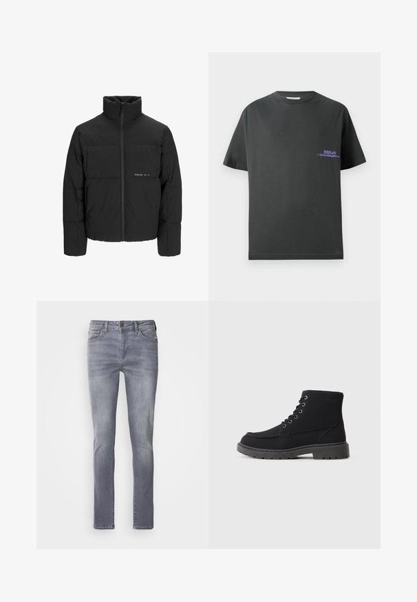 Zwarte pufferjas met een hoge kraag, ritssluiting aan de voorkant en een quilted design. Glad materiaal met een subtiel logo op de borst.; Donkergrijze katoenen t-shirt met een ronde hals. Bevat een kleine paarse opdruk op de linkerborst met de tekst "REPLAY." Korte, rechte mouwen.; Lichtgrijze denim jeans met een rechte pasvorm, voorzien van vijf zakken, een messing knoopsluiting en subtiele vervaging op de benen.; Zwarte enkellaarsjes gemaakt van suède en synthetisch materiaal. Ronde neus, zes veterogen met metalen veters, dikke rubberen zool en minimale tekstdetails.