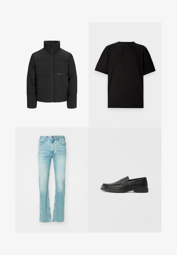 Schwarze Pufferjacke mit hohem Kragen, Front-Reißverschluss und gestepptem Design. Glattes Material mit dezentem Logo auf der Brust.; Schwarzes kurzärmeliges T-Shirt aus geripptem Stoff. Mit rundem Halsausschnitt und lockerer Passform sowie glatter Textur. Nur Rückansicht.; Hellblaue Denim-Jeans mit geradem Beinschnitt, hohen Bund,Fronttaschen und einer ausgewaschenen Optik. Abgenutzte Textur am Saum.; Schwarze Lederloafers mit glatter Oberfläche, Mokassin-oberteil, genähten Details und Gummisohle. Klassisches Design mit niedrigem Absatz.