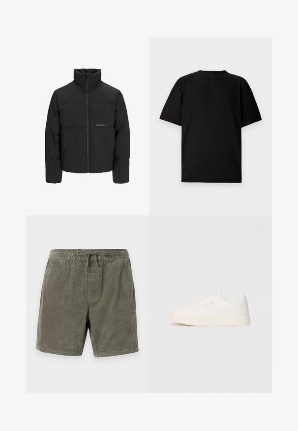 Doudoune noire avec un col haut, fermeture éclair sur le devant et design matelassé. Tissu lisse avec un logo subtil sur la poitrine.; T-shirt noir à manches courtes en tissu côtelé. Présente un col rond et une coupe décontractée avec une texture lisse. Vue arrière uniquement.; Shorts en velours côtelé de couleur vert olive, avec une taille élastique munie d'un cordon de serrage, des côtes verticales texturées et des poches latérales.; Baskets blanches sans lacets avec une surface texturée, une semelle épaisse et un design minimaliste. Présente le logo de la marque sur le côté.