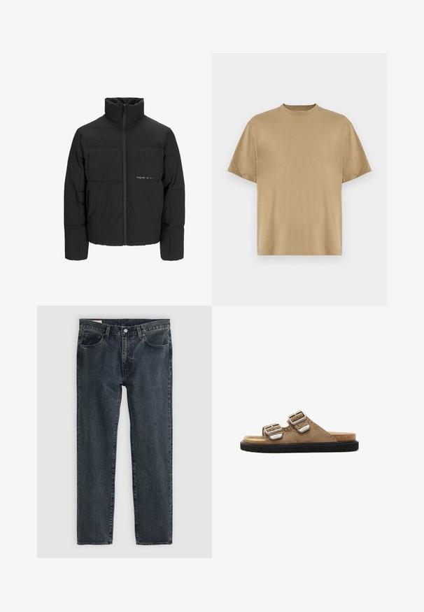 Musta puhvijakku, jossa on korkea kaulus, etuvetoketju ja tikattu muotoilu. Sileä kangas, jossa on hienovarainen logo rinnassa.; Khaki lyhythelmainen T-paita, joka on valmistettu pehmeästä kankaasta. Paidassa on pyöreä kaula-aukko ja rento istuvuus. Ei näkyviä kuvioita tai graafisia elementtejä.; Tummansiniset farkut, joissa on suora lahje, viisi taskua ja nappisuljenta. Kankaassa on hieno haalistuminen ja tekstuuri.; Sudetrekki sandaalit ruskeina, joissa on kaksi säädettävää hopeista solkea, musta teksturoitu pohja ja rei'itetyt yksityiskohdat yläosassa.