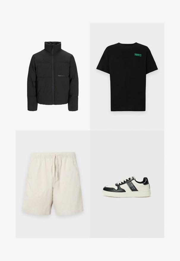 Juodas pūkinis švarkas su aukštu apykakle, priekiniais užtrauktukais ir kvadratinės siuvimo dizainu. Lygus audinys su subtiliu logotipu krūtinėje.; Juodas medvilninis marškinėliai trumpomis rankovėmis. Priekyje yra žalias „ROOTS“ logotipas, apvalus iškirpimas ir standartinė prigludimo forma.; Šviesiai rudos medvilninės šortai su elastingu juosmeniu, reguliuojamu virvute ir šoninėmis kišenėmis. Pasižymi glotnia, lengva tekstūra.; Odiniai sportbačiai juodos ir kreminės spalvų schemoje, su perforuotais akcentais, paminkštinta apykakle ir tekstūruotu padu.