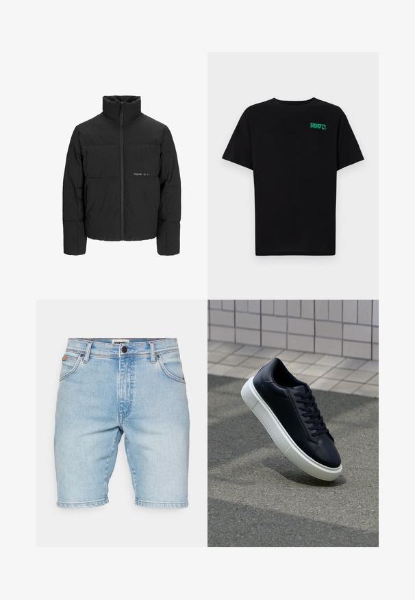 Melnā pūka jaka ar augstu apkakli, priekšējo rāvējslēdzēju un quilted dizainu. Gluda auduma virsma ar maigu logotipu uz krūšu daļas.; Melna kokvilnas t-kreka ar īsām piedurknēm. Uz priekšu ir zaļa "ROOTS" logo, apaļa kakla izgriezums un standarta piegriezums.; Wrangler TEXAS - Džinsa auduma šorti - clever; Melnas ādas kedas ar noapaļotu pirkstu un baltu gumijas zoli. Iespējas - plakanas šņorītes un minimāla apdare augšdaļā. Struktūrēta zole, lai nodrošinātu saķeri.