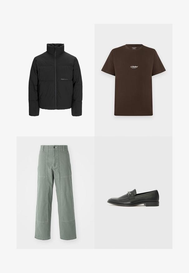 Svart puffjacka med hög krage, främre dragkedjestängning och quiltat mönster. Slätt tyg med en subtil logotyp på bröstet.; Brun bomull t-shirt med kort ärm, rund hals och en liten vit logotyp på bröstet. Slät textur och normal passform.; Gröna cargo-byxor med avslappnad passform, som har lapplådor, kontrasterande sömmar, knappstängning framtill och rak ben-design.; Svart läderloafers med en slät yta, med en sydd design och en dekorativ metallkedjeaccent över västen. Platt häldesign.