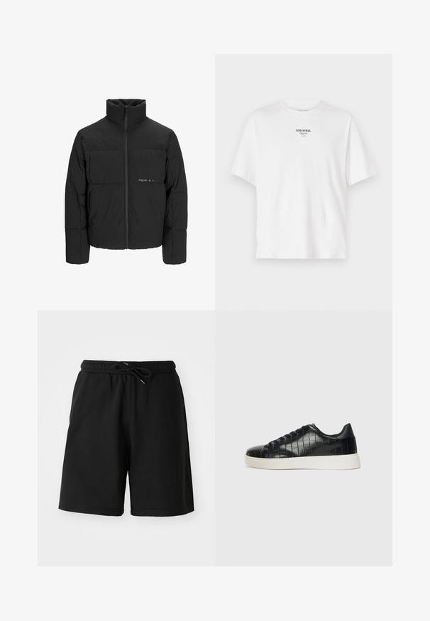 Juodas pūkinis švarkas su aukštu apykakle, priekiniais užtrauktukais ir kvadratinės siuvimo dizainu. Lygus audinys su subtiliu logotipu krūtinėje.; Balta medvilnės marškinėliai su apvaliu kaklu, trumpomis rankovėmis ir spausdintu logotipo užrašu "ESS.WRD." ant krūtinės, minimalus dizainas.; Juodi medvilniniai šortai su elastine juostele, raišteliu ir šoninėmis kišenėmis. Skaidri tekstūra, iki kelių siekianti forma.; Juodi sportiniai batai su tekstūruotu krokodilo odos pamušalu, apvalia kojų dalimi ir kontrastinga balta guma su lygiu paviršiumi.