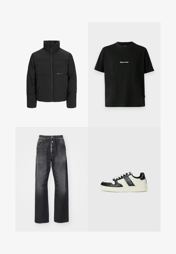 Jachetă puffer neagră, cu guler înalt, închidere cu fermoar pe față și design matlasat. Material neted cu un logo subtil pe piept.; Tricou din bumbac negru cu mâneci scurte, având un text alb brodat "Original Studio" pe piept și un decolteu rotund.; Jeans largi din denim cu spate închis, având închidere cu nasture, design cu cinci buzunare și o decolorare subtilă pe țesătură.; Tenisi din piele cu un scheme de culori negru și crem, dotati cu accente perforate, guler căptușit și o talpă texturată.