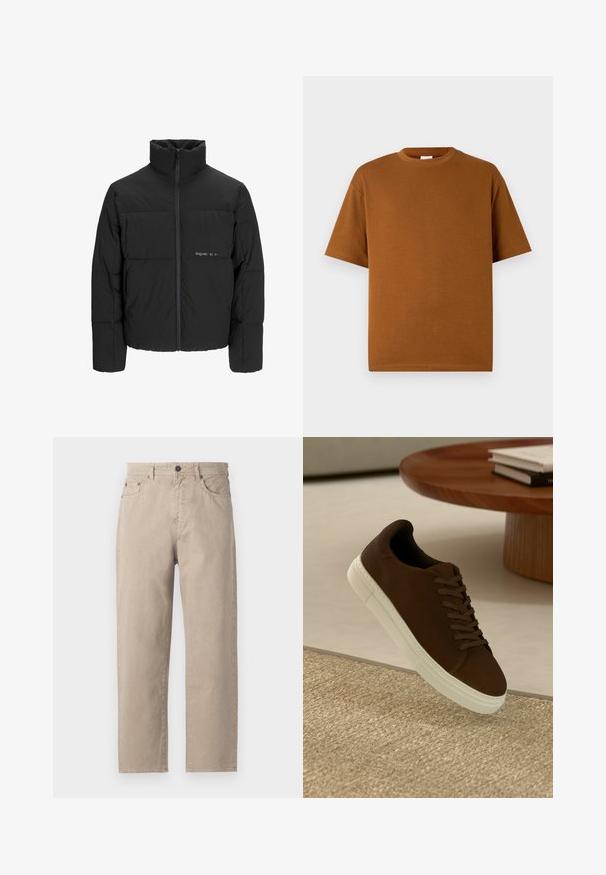 Black puffer jacket featuring a high collar, front zip closure, and quilted design. Smooth fabric with a subtle logo on the chest.; Brown short-sleeve t-shirt made of soft fabric, featuring a round neckline and relaxed fit with straight hem. No visible patterns or accents.; Beige cotton pants with a straight leg design, featuring a button closure, five pockets, and subtle stitching details. Smooth texture.; Brown suede sneaker with flat laces and a white rubber sole, featuring a rounded toe and minimal design, set against a textured surface.