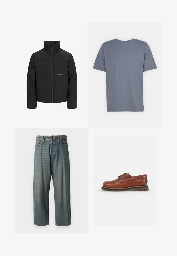 Schwarze Pufferjacke mit hohem Kragen, Front-Reißverschluss und gestepptem Design. Glattes Material mit dezentem Logo auf der Brust.; Graues T-Shirt mit kurzen Ärmeln und Rundhalsausschnitt, aus weichem Baumwollmixstoff gefertigt. Schlichtes Design, keine Muster oder Akzente.; Helle blaue Denim-Jeans mit lockerer Passform, mittelhoher Taille und geraden Beinen. Hat fünf Taschen, Gürtelschlaufen und einen Knopfverschluss.; Braune Lederbootsschuh mit runder Zehenpartie, Schnürdesign und Metallösen. Strukturiertes Sohlenmuster für guten Halt. Klassischer, lässiger Stil.