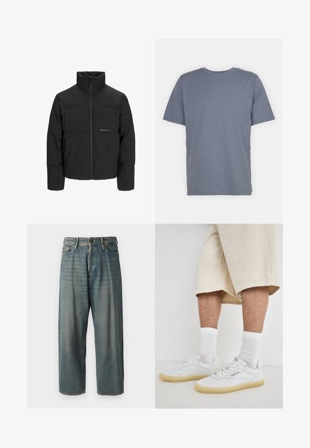 Czarna kurtka puchowa z wysokim kołnierzem, z przodu na zamek błyskawiczny i pikowanym wzorem. Gładki materiał z subtelnym logo na piersi.; Szary t-shirt z krótkim rękawem i okrągłym dekoltem, wykonany z miękkiej bawełnianej mieszanki. Prosty design, bez wzorów ani akcentów.; Jasnoniebieskie dżinsy o luźnym kroju, średnim stanie i prostych nogawkach. Posiadają pięć kieszeni, szlufki na pasek oraz zapięcie na guzik.; Białe skórzane sneakersy z gumowymi podeszwami, z perforowanymi akcentami, sznurowadłami i logo na języku. Nosi się je z białymi skarpetkami do kostek i beżowymi szortami.