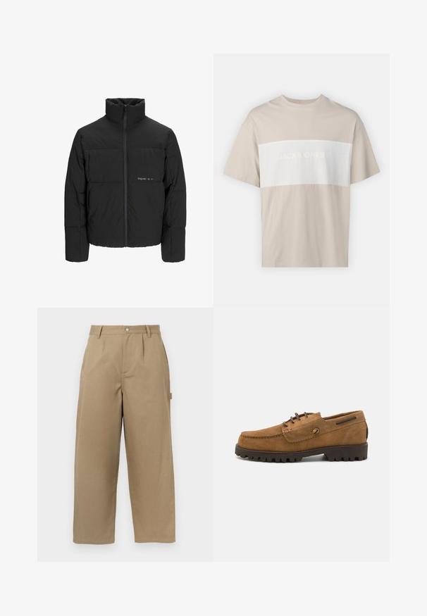 Schwarze Pufferjacke mit hohem Kragen, Front-Reißverschluss und gestepptem Design. Glattes Material mit dezentem Logo auf der Brust.; Beige Baumwoll-T-Shirt mit einem weißen horizontalen Streifen, auf dem der Text "JACK & JONES ESSENTIALS WORLDWIDE" in erhabenem Schriftzug zu sehen ist. Kurze Ärmel.; Beige weite Hose aus Baumwollmischung, mit hoher Taille, Frontfalten und zwei seitlichen Taschen mit Knopfverschluss.; Braune Wildlederschuhe mit einer abgerundeten Zehenpartie, kontrastierenden Fadenakzenten und einer strukturierten Gummisohle mit tiefen Profilen für besseren Halt.