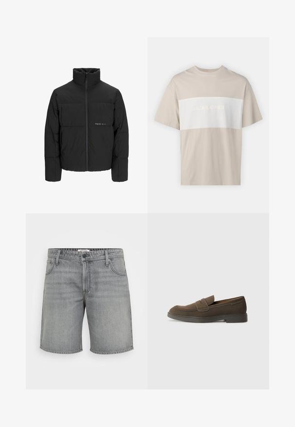 Doudoune noire avec un col haut, fermeture éclair sur le devant et design matelassé. Tissu lisse avec un logo subtil sur la poitrine.; T-shirt en coton beige avec un panneau horizontal blanc portant le texte "JACK & JONES ESSENTIALS WORLDWIDE" en lettres en relief. Manches courtes.; Shorts en denim gris avec une coupe classique, cinq poches et une fermeture à bouton et à zip standard. Texture légèrement décolorée, ourlet propre.; Mocassin en daim marron avec un bout arrondi, une sangle sur le devant et une semelle en caoutchouc plate. Design simple avec des lignes épurées et un minimum de détails.