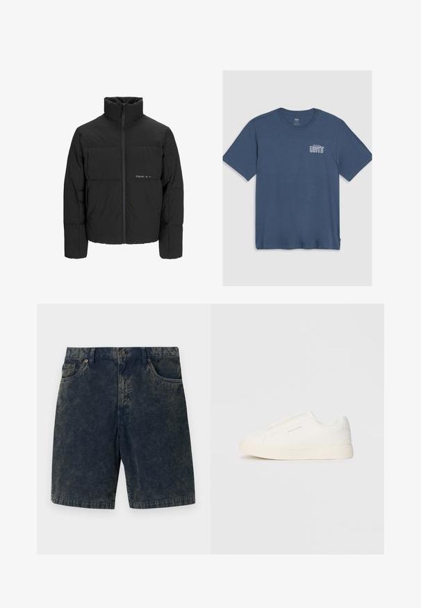 Fekete puff dzseki magas gallérral, elülső cipzárral és steppelt kialakítással. Simaságú anyag, finom logóval a mellkason.; Kék pamut póló, kerek nyakkivágással és rövid ujjal. A bal mellen fehér "Levi's" logó található. Egyszerű dizájn.; Sötétkék kordbársony rövidnadrág, gombos zárással, két elülső zsebbel és enyhén világos csíkokkal az anyagon.; Fehér slip-on sportcipők texturált felülettel, vastag talppal és minimalista dizájnnal. Az oldalon a márka logója található.