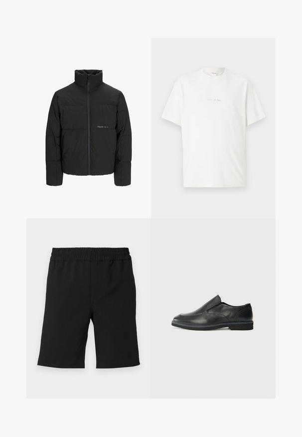 Juodas pūkinis švarkas su aukštu apykakle, priekiniais užtrauktukais ir kvadratinės siuvimo dizainu. Lygus audinys su subtiliu logotipu krūtinėje.; Balta medvilnės marškinėliai su apvalia kaklo iškirpte, trumpomis rankovėmis ir mažu atspaudu priekyje. Lygus audinys ir laisvas siluetas.; Juodi šortai, pagaminti iš patogios medžiagos, su guminėmis juostos. Paprastas dizainas, tiesus kirpimas, tinkamas kasdieniam dėvėjimui.; Juodai odiniai įtvirtinimo batai su lygiu paviršiumi, siuvinėjimo akcentais, apvalia nosimi ir žemu guminiu kulnu. Pado raštas minimalus.