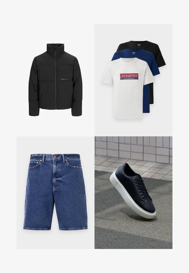 Black puffer jacket featuring a high collar, front zip closure, and quilted design. Smooth fabric with a subtle logo on the chest.; Three stacked short-sleeve crew neck t-shirts in white with red and blue logo, navy blue, and black, displayed on white background.; Denim shorts in dark blue with a classic cut, featuring a button closure, five pockets, and contrasting orange stitching.; Black leather sneaker with rounded toe and white rubber sole. Features flat laces and minimal stitching on the upper. Textured sole for grip.