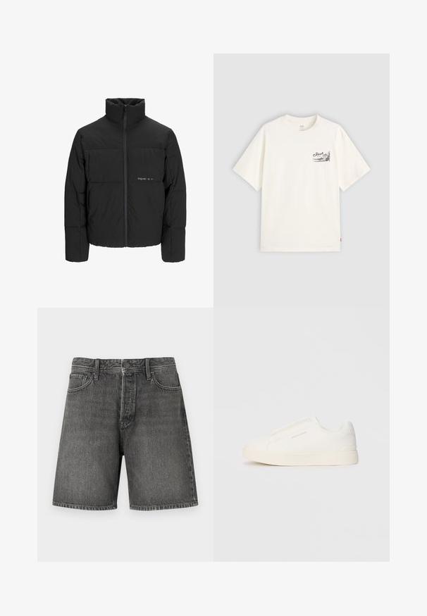 Čierna puffová bunda s vysokým golierom, predným zipsom a prešívaným dizajnom. Hladká tkanina s jemným logom na hrudi.; Biely tričko s krátkymi rukávmi vyrobené z bavlny, s čiernym grafickým dizajnom na ľavej strane hrude s nápisom "Fresh."; Tmavošedé denimhore s klasickým dizajnom piatich vreciek, zapínaním na gombík a zips, rovný strih a mierne zosvetlenou textúrou po celom obvode.; Biele slip-on tenisky s textúrovaným povrchom, hrubou podrážkou a minimalistickým dizajnom. Obsahuje logo značky na boku.