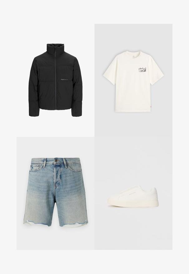 Crna puffer jakna s visokim ovratnikom, prednjim zatvaračem i kviltanim dizajnom. Glatka tkanina s suptilnim logotipom na prsima.; Bijela majica s kratkim rukavima od pamuka, s crnim grafičkim dizajnom na lijevoj strani prsnog dijela s riječju "Fresh."; Traper šorts s svijetloplavom bojom i izbljeđelim finišom. Imaju resasti rub i standardni dizajn s pet džepova. Metalna kopča na struku.; Bijele slip-on tenisice s teksturiranom površinom, debelim đonom i minimalističkim dizajnom. Sadrže logo branda sa strane.