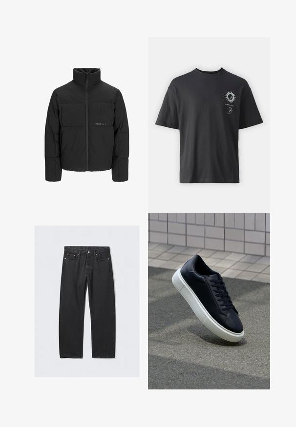 Doudoune noire avec un col haut, fermeture éclair sur le devant et design matelassé. Tissu lisse avec un logo subtil sur la poitrine.; T-shirt noir en coton avec des manches courtes, col rond et graphiques sur le devant d'un soleil et d'une lune, accompagné du texte "Le Soleil et La Lune."; Jeans en denim noir avec une coupe droite, dotés d'un bouton d'ouverture, de cinq poches et d'accents en métal cuivré. Texture lisse.; Baskets noires en cuir avec bout arrondi et semelle en caoutchouc blanc. Elles présentent des lacets plats et une couture minimale sur la tige. Semelle texturée pour une bonne adhérence.
