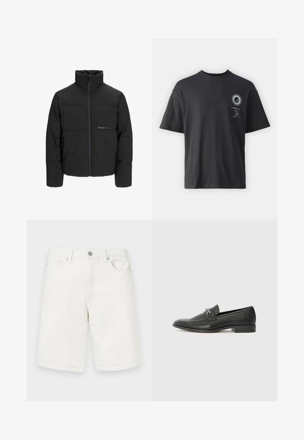 Melnā pūka jaka ar augstu apkakli, priekšējo rāvējslēdzēju un quilted dizainu. Gluda auduma virsma ar maigu logotipu uz krūšu daļas.; Melna kokvilnas t-krekls ar īsām piedurknēm, apaļu apkakli un priekšpusē attēlotiem saules un mēness grafikas, kopā ar tekstu "Le Soleil et La Lune."; Baltas džinsu šorti ar taisnu piegriezumu, ar priekšējām kabatām, jostas cilpiņām un metāla pogu aizdari. Gluda tekstūra.; Melna ādas loafer izmēra apavi ar gludu virsmu, piedāvā ar šūtu dizainu un dekoratīvu metāla ķēdes akcentu pār vampu. Plakana papēža daļa.