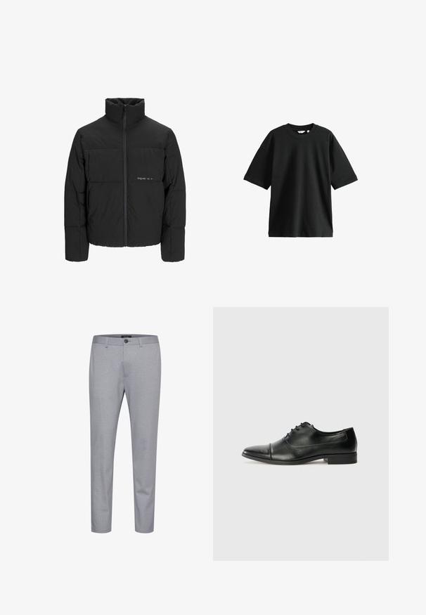 Čierna puffová bunda s vysokým golierom, predným zipsom a prešívaným dizajnom. Hladká tkanina s jemným logom na hrudi.; Čierne tričko s krátkym rukávom vyrobené z bavlny, s okrúhlym výstrihom a voľným strihom, s mäkkou textúrou a minimálnymi detailmi.; Sivé vzorované nohavice vyrobené z látky s hladkou textúrou. Obsahujú zapínanie na gombík a majú zúžený strih.; Čierne kožené formálne topánky s špicatou špičkou, šnúrkami a jemnými šitými detailmi. Majú nízky blokový podpätok a hladký lesklý povrch.