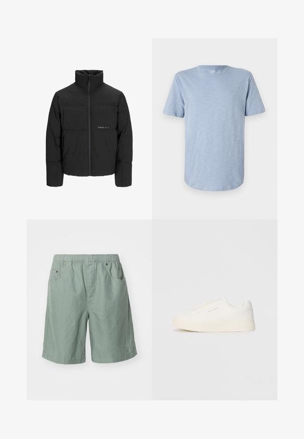 Doudoune noire avec un col haut, fermeture éclair sur le devant et design matelassé. Tissu lisse avec un logo subtil sur la poitrine.; T-shirt bleu clair à manches courtes en tissu doux, avec un col rond et un ourlet droit arborant une texture subtile.; Shorts vert clair en tissu texturé avec une taille élastique, dotés de deux poches latérales et de détails de couture minimaux.; Baskets blanches sans lacets avec une surface texturée, une semelle épaisse et un design minimaliste. Présente le logo de la marque sur le côté.