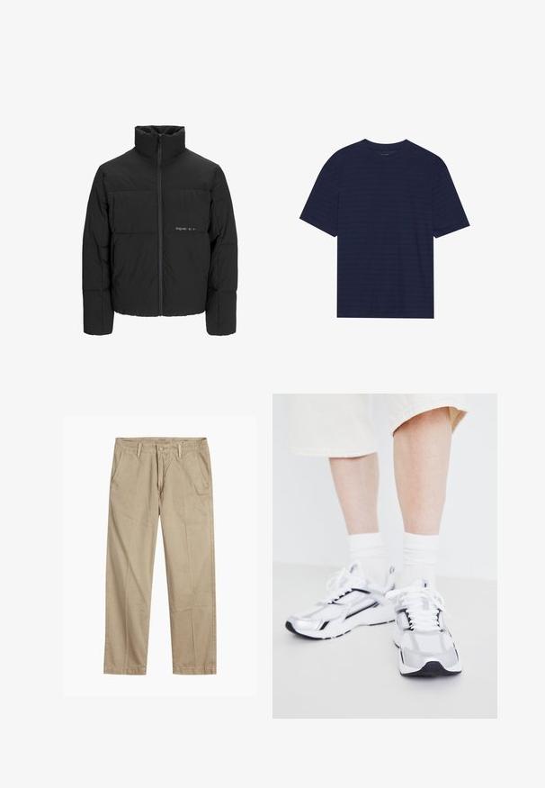 Svart boblejakke med høy krage, frontåpning med glidelås og kviltet design. Glatt stoff med en subtil logo på brystet.; Marineblå kortermet t-skjorte med rund hals og subtile horisontale striper over stoffet. Laget av et mykt materiale.; Beige straight-leg chinos med beltehemper, frontlukking med knapp og glidelås, og skrå frontlommer.; Jack & Jones JFWTOKYO - Joggesko - bright white/black