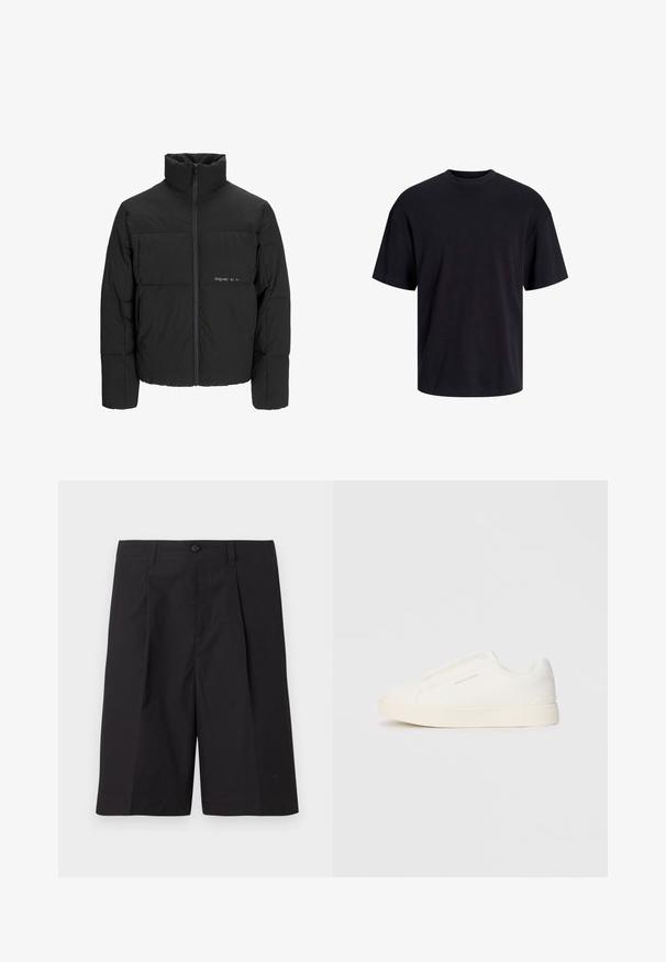 Black puffer jacket featuring a high collar, front zip closure, and quilted design. Smooth fabric with a subtle logo on the chest.; Black cotton t-shirt with a crew neckline, short sleeves, and a relaxed fit. Smooth texture and no visible patterns or accents.; Black tailored shorts made from lightweight fabric, featuring pleats, a button closure, and straight hem. Smooth texture and no visible patterns.; White slip-on sneakers with a textured surface, a thick sole, and minimalistic design. Features brand logo on the side.