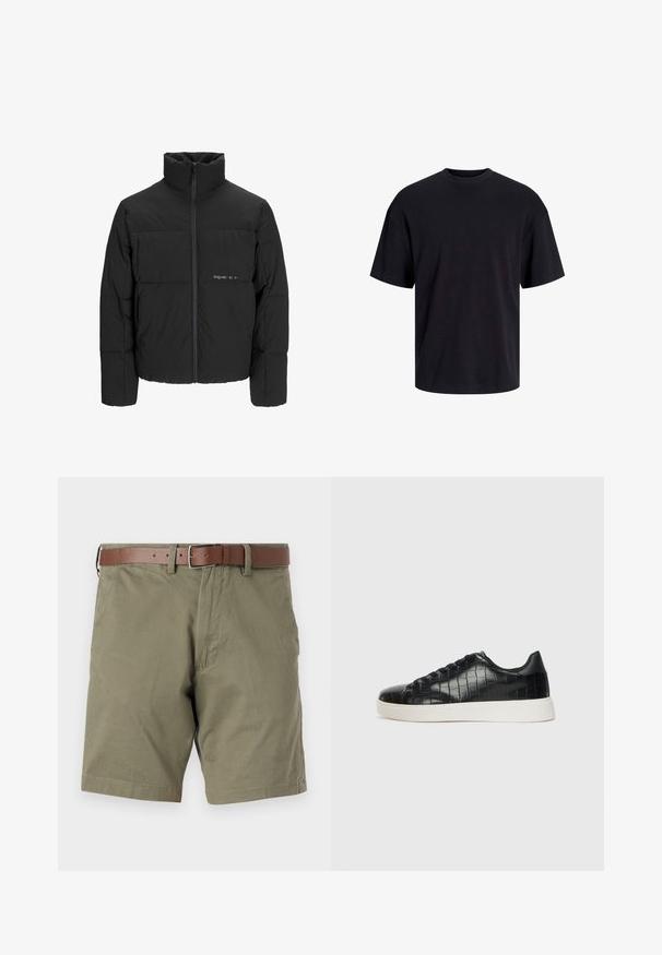 Doudoune noire avec un col haut, fermeture éclair sur le devant et design matelassé. Tissu lisse avec un logo subtil sur la poitrine.; T-shirt en coton noir avec un col ras du cou, des manches courtes et une coupe décontractée. Texture lisse sans motifs ni accents visibles.; Shorts vert olive en tissu, dotés d'une ceinture en cuir marron, de poches avant et d'un ourlet droit. Texture lisse et design décontracté.; Baskets noires avec un dessus en cuir gaufré effet crocodile, bout rond et semelle en caoutchouc blanc contrastant avec une finition lisse.