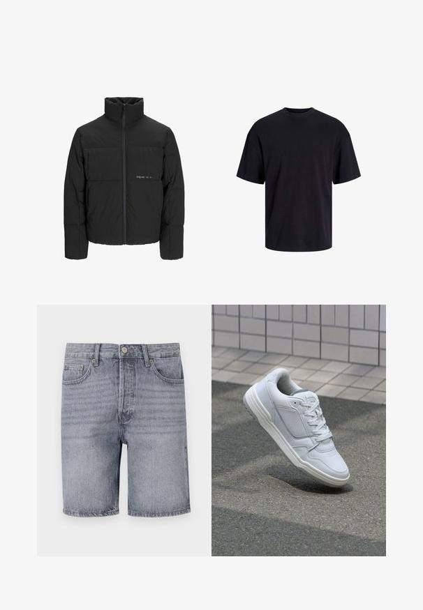Čierna puffová bunda s vysokým golierom, predným zipsom a prešívaným dizajnom. Hladká tkanina s jemným logom na hrudi.; Čierne bavlnené tričko s okrúhlym výstrihom, krátkymi rukávmi a uvoľneným strihom. Hladká textúra bez viditeľných vzorov alebo akcentov.; Džínové šortky v svetlošedej farbe s klasickým strihom, obsahujúce päť vreciek, zapínanie na gombík a mierne vyblednutú textúru.; Biele kožené tenisky s perforovanými stranami, textúrovanými akcentmi, plochými šnúrkami a kontrastnou sivou pätou. Majú mierne zvýšenú podrážku.