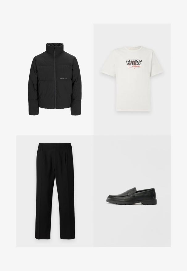 Mustra musta puffer-jakk, millel on kõrge krae, eesne tõmblukku ja tikandiga disain. Sile kangas, millel on rindkeres diskreetne logo.; Valge puuvillane T-särk lühikeste varrukatega ja ümaral kaelusel. Esiküljel on must ja punane "Los Angeles California" kujutis. Lihtne, mugav lõige.; Mustadest kangast püksid, millel on sile kude, elastne vöökohus, sirge jala disain ja kaks esist pikendust, et lisada detaili.; Musthave nahkkingad siledast nahast, mokassiini stiilis ülevalt, tikanditega ja kummist tallaga. Klassikaline disain madala kontsaga.