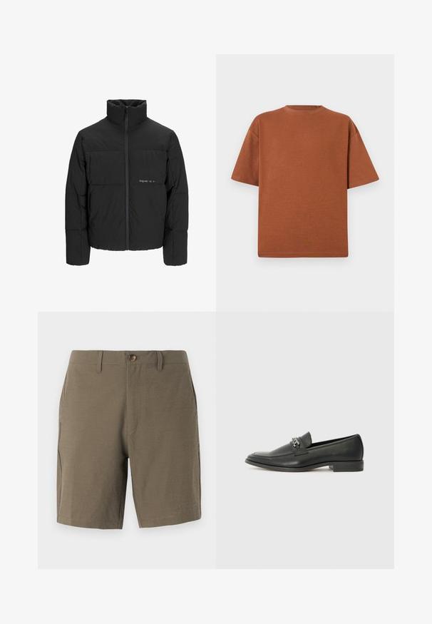 Black puffer jacket featuring a high collar, front zip closure, and quilted design. Smooth fabric with a subtle logo on the chest.; Brown cotton t-shirt with a round neck, short sleeves, and a relaxed fit. The fabric has a soft texture and minimal seams.; Olive green shorts made from textured fabric, featuring a button closure and flat front, with side pockets for functionality.; Black leather loafer with a smooth finish, featuring a stitched design and a decorative metal chain accent across the vamp. Flat heel.