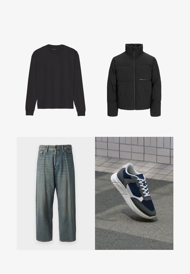 Schwarze Pufferjacke mit hohem Kragen, Front-Reißverschluss und gestepptem Design. Glattes Material mit dezentem Logo auf der Brust.; Schwarzes langärmliges T-Shirt aus weicher Baumwolle. Es hat einen Rundhalsausschnitt und gerippte Bündchen, mit einem lockeren Schnitt und ohne Muster oder Grafiken.; Helle blaue Denim-Jeans mit lockerer Passform, mittelhoher Taille und geraden Beinen. Hat fünf Taschen, Gürtelschlaufen und einen Knopfverschluss.; Sneaker mit einem Obermaterial aus navyblauem Mesh, grauen Wildlederelementen, einer weißen Gummisohle und flachen weißen Schnürsenkeln, entworfen für Komfort und Atmungsaktivität.