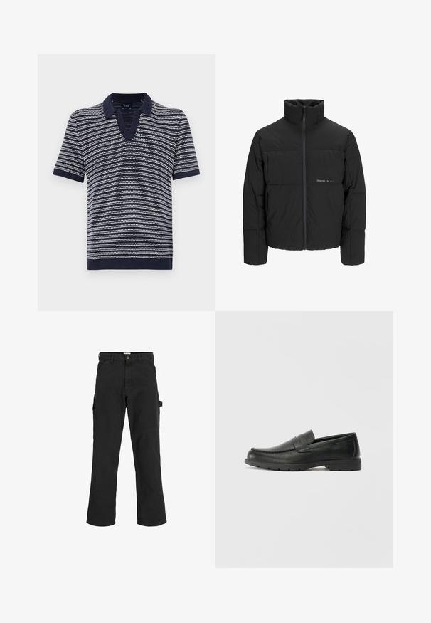 Schwarze Pufferjacke mit hohem Kragen, Front-Reißverschluss und gestepptem Design. Glattes Material mit dezentem Logo auf der Brust.; Marineblaues Polohemd mit kurzen Ärmeln und V-Ausschnitt, versehen mit horizontalen weißen Streifen. Hergestellt aus weichem Strickmaterial mit geripptem Kragen und Saum.; Schwarze Cargo-Hosen aus einem Baumwoll-Mischgewebe. Mit weitem Bein, schrägen Taschen vorne und einer Seitentasche mit einer Schlaufe für Accessoires.; Schwarze Lederloafers mit glatter Oberfläche, Mokassin-oberteil, genähten Details und Gummisohle. Klassisches Design mit niedrigem Absatz.