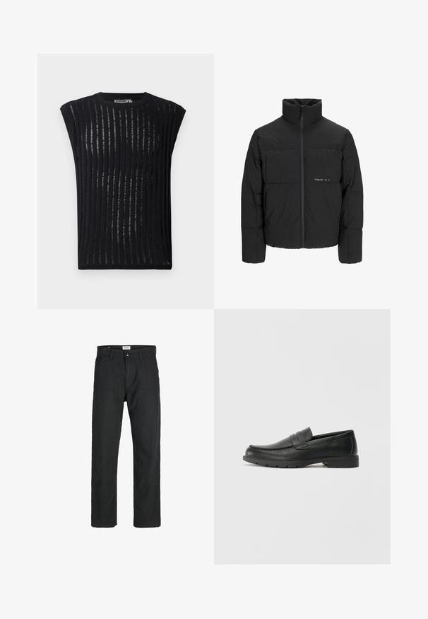 Mustra musta puffer-jakk, millel on kõrge krae, eesne tõmblukku ja tikandiga disain. Sile kangas, millel on rindkeres diskreetne logo.; Mustra musta lühikeste varrukatega top, mis on valmistatud kergest kangast vertikaalsete triipudega. Omab ümmargust kaelust ja istuvat siluetti.; Mustad mustad, mis on valmistatud vastupidavast kangast, sirge jala disainiga, õmmeldud detailidega ja kahe eesmise taskuga funktsionaalsuse jaoks.; Musthave nahkkingad siledast nahast, mokassiini stiilis ülevalt, tikanditega ja kummist tallaga. Klassikaline disain madala kontsaga.