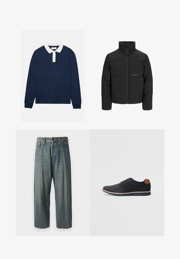 Juodas pūkinis švarkas su aukštu apykakle, priekiniais užtrauktukais ir kvadratinės siuvimo dizainu. Lygus audinys su subtiliu logotipu krūtinėje.; Tamsiai mėlynos spalvos ilgomis rankovėmis polo marškiniai su balta banguota apykakle ir trimis mygtukais. Minkšta tekstūra, tiesi apatinė kraštinė ir banguoti rankogaliai.; Šviesiai mėlyni džinsai su laisvu siluetu, vidutinio aukščio juosmeniu ir tiesiomis kojomis. Su penkiais kišenėmis, diržo kilpo ir mygtukų uždarymu.; Juodi sintetiniai batai su tekstūruotu paviršiumi, lygiomis detalėmis, ruda kulna ir kontrastingu padu. Yra minimalus raištelių užsidėjimas ir siuvimo detalės.